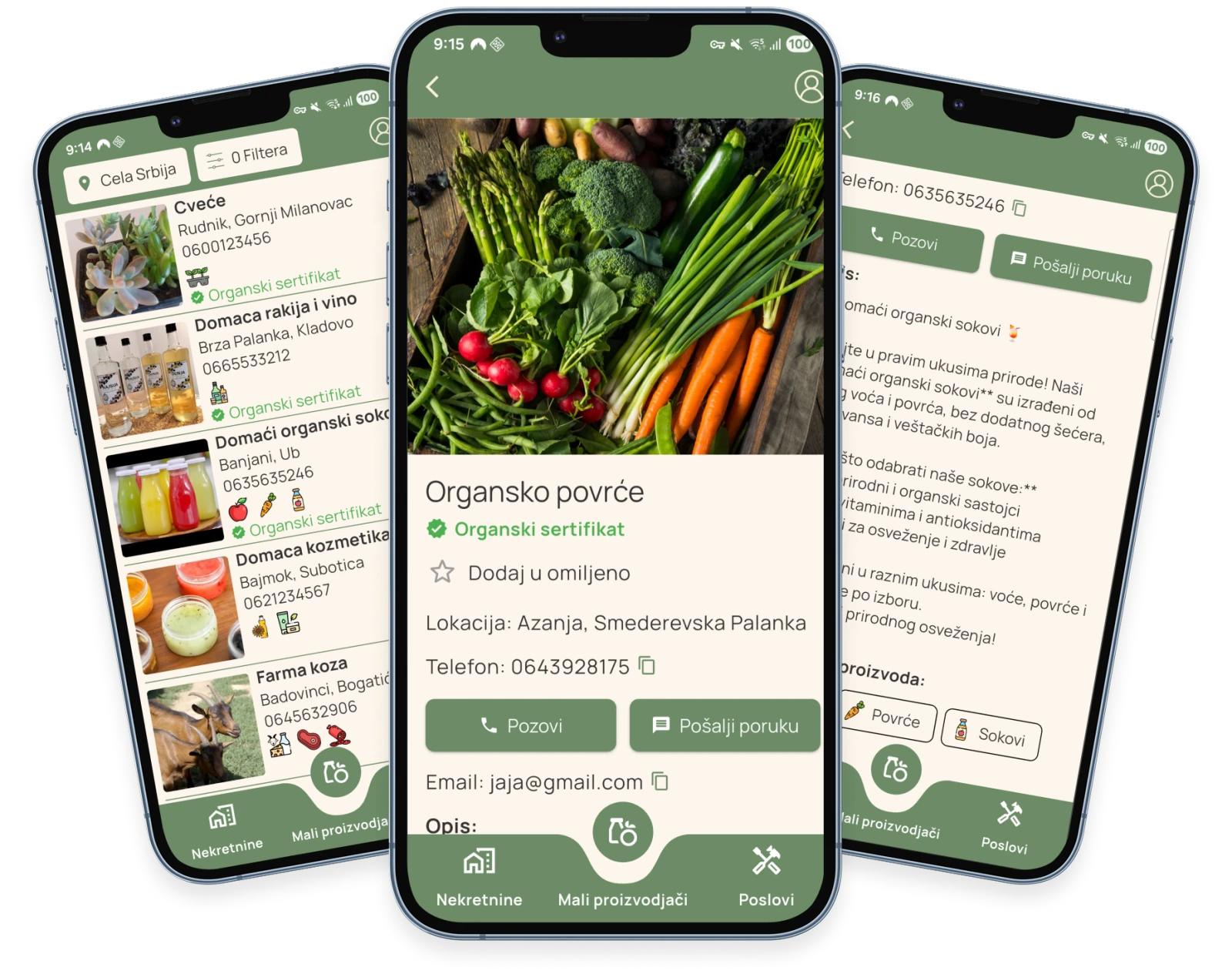 Three phones showing Povratak na selo: local product listings, an organic produce page, and a message to a producer.